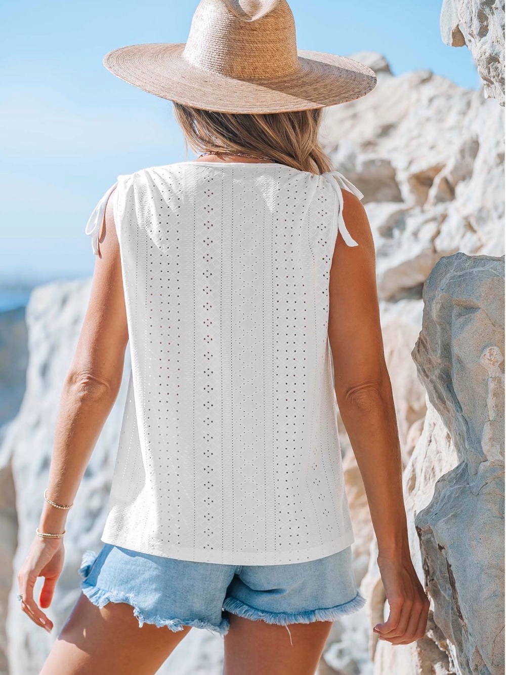 Cupshe White Eyelet Button-Front Tie-Shoulder Tank Top - Picture 2 of 3